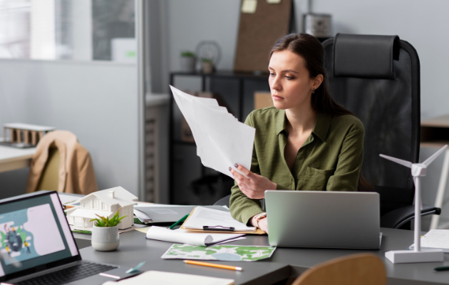 Assistente virtuale al lavoro alla scrivania con documenti cartacei e laptop